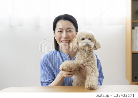 カメラ目線で話す50代の女性と愛犬(ビションプーの10ヶ月の女の子) カメラ目線で話す50代の女性と愛犬(ビションプーの10ヶ月の女の子) 135432571