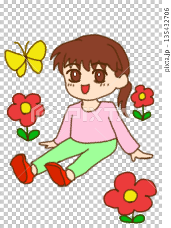 野原でくつろぐ女の子 135432706
