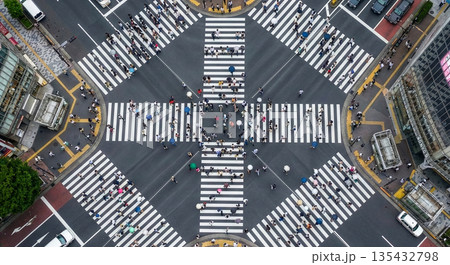 ドローン撮影　渋谷スクランブル交差点（真上からの俯瞰） 135432798