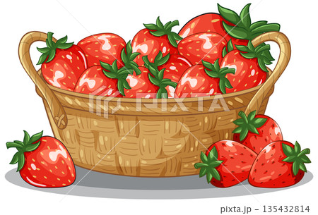 Vector Illustration of Fresh Red Strawberries in a Woven Wicker Basket 135432814