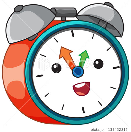 Cute Cartoon Red Alarm Clock Character with Smiling Face Cute Cartoon Red Alarm Clock Character with Smiling Face 135432815