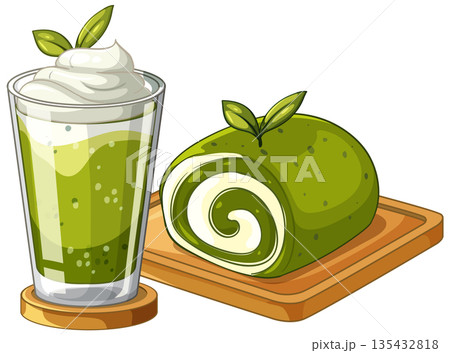 Matcha Green Tea Smoothie and Swiss Roll Cake Dessert Illustration 135432818
