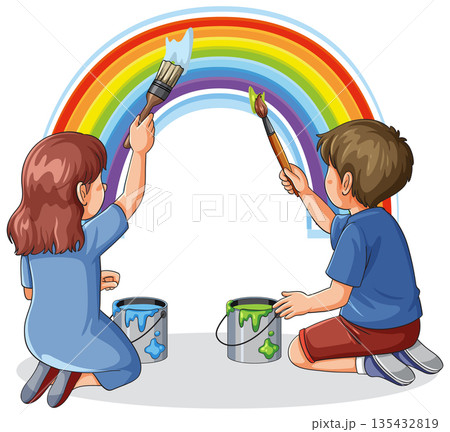 Children Painting Colorful Rainbow with Brushes and Paint Cans 135432819
