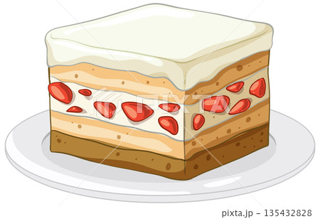 Layered Strawberry Cream Cake Slice on a White Plate Vector Illustration 135432828