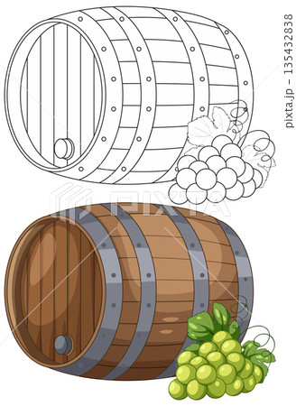 Wooden Wine Barrel and Green Grapes Vector Illustration Set 135432838