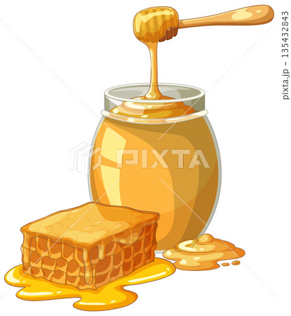 Honey Jar with Dipper and Fresh Honeycomb Vector Illustration 135432843