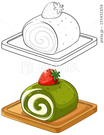Matcha Green Tea Swiss Roll Cake with Strawberry Topping Vector Illustration 135432859