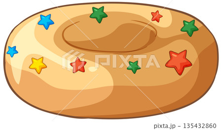 Vector Illustration of a Glazed Donut with Colorful Star Sprinkles 135432860