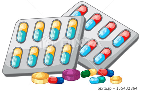 Medical Blister Packs with Assorted Colorful Pills and Capsules Illustration 135432864