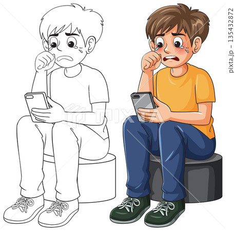 Sad Boy Crying While Looking at Smartphone in Color and Line Art 135432872