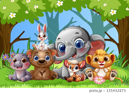 Cute Baby Jungle Animals Sitting Together in Forest 135432873