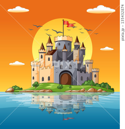 Medieval Castle on Island at Sunset with Reflection 135432874