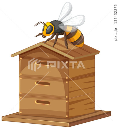 Honey Bee Resting on a Wooden Beehive Box Illustration Honey Bee Resting on a Wooden Beehive Box Illustration 135432876