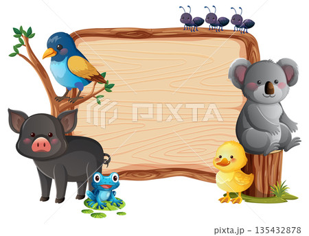 Cute Forest Animals with Wooden Blank Signboard Illustration Cute Forest Animals with Wooden Blank Signboard Illustration 135432878