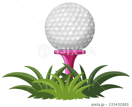 White Golf Ball Resting on a Pink Tee in Green Grass White Golf Ball Resting on a Pink Tee in Green Grass 135432883