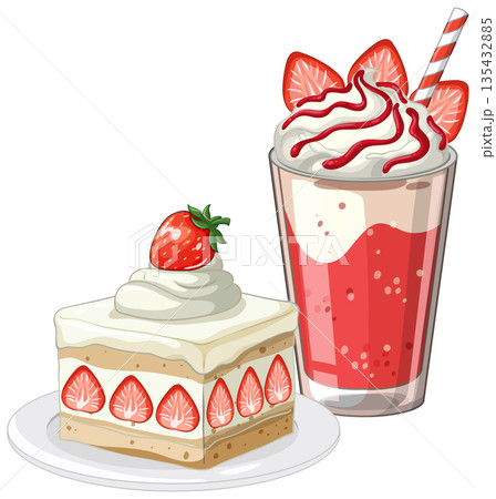 Strawberry Shortcake Slice and Creamy Strawberry Milkshake with Whipped Topping 135432885
