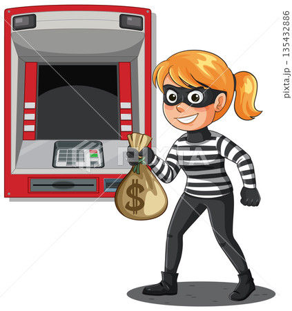 Female Burglar Stealing Money from ATM Machine Illustration 135432886