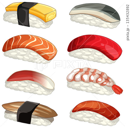 Assorted Nigiri Sushi Vector Illustration Set on White Background Assorted Nigiri Sushi Vector Illustration Set on White Background 135432892