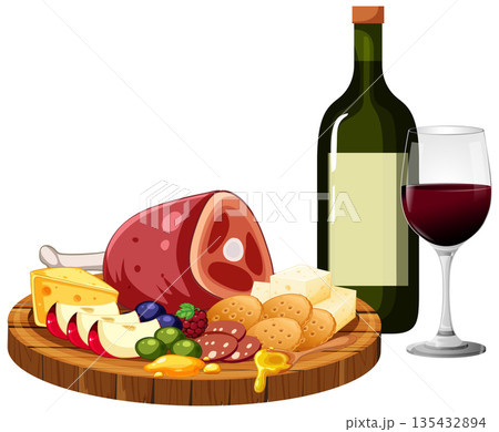 Charcuterie Board with Wine Bottle and Glass 135432894