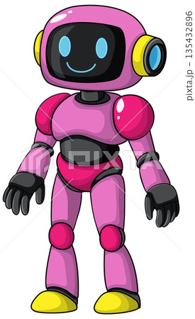 Smiling Pink Cartoon Robot Standing Upright Smiling Pink Cartoon Robot Standing Upright 135432896