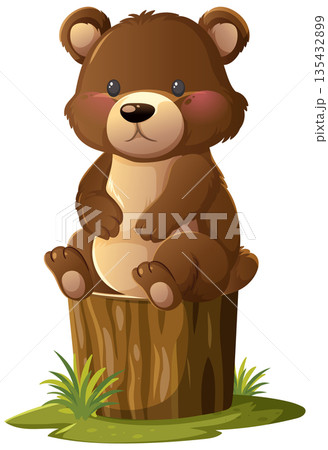 Cute Baby Bear Sitting on Tree Stump Illustration 135432899