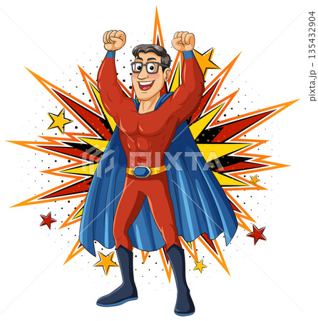 Cartoon Superhero Man in Red Suit with Blue Cape 135432904