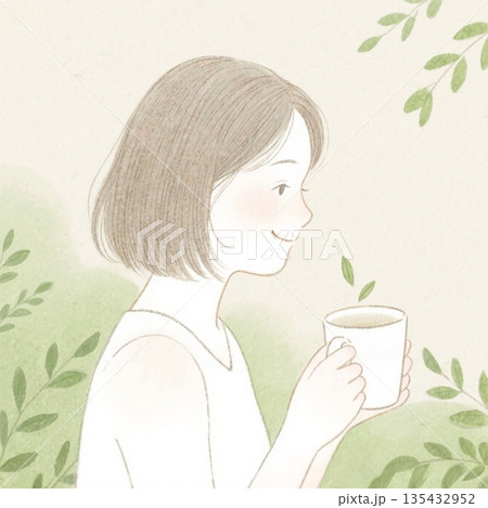 水彩 マグカップを持つ女性の横顔 AI 水彩 マグカップを持つ女性の横顔 AI 135432952