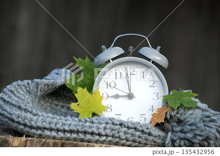 Gray alarm clock rests on a cozy scarf with autumn leaves, capturing the season's essence. Gray alarm clock rests on a cozy scarf with autumn leaves, capturing the season's essence. 135432956