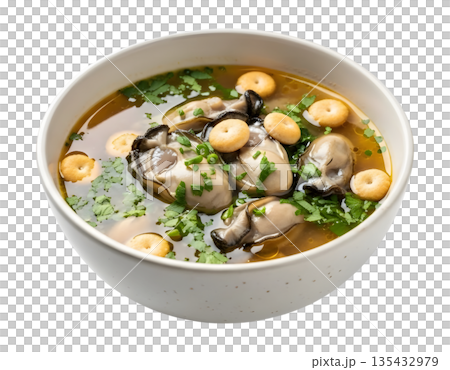 Oyster Soup with Fresh Oysters and Oyster Crackers isolated on white background 135432979