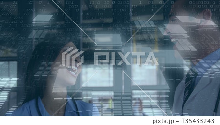 Laughing woman in blue blouse, man in dark suit chatting by office windows, binary grid overlay 135433243