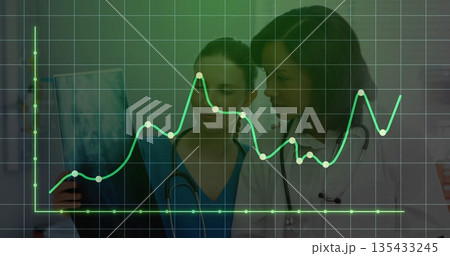 Two medical staff studying X-ray film on lightbox in radiology area with stethoscopes and gridlines Two medical staff studying X-ray film on lightbox in radiology area with stethoscopes and gridlines 135433245