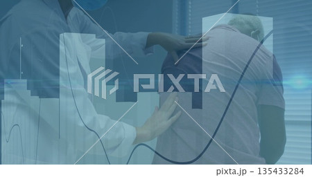Masked lab-coated doctor placing hands on patient back in exam room blinds, with data overlay 135433284