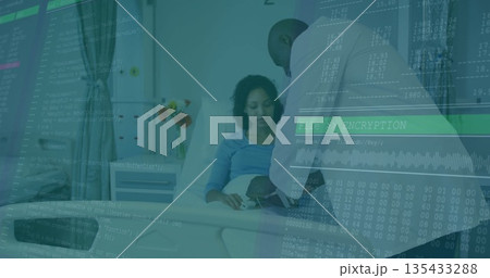 Patient holding swaddled newborn on hospital bed, physician reviewing code overlay with stethoscope 135433288