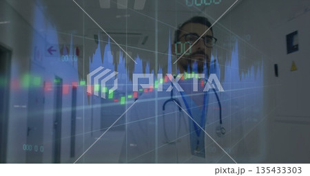 Analyzing doctor reviewing candlestick chart in hospital corridor, with lab coat, stethoscope Analyzing doctor reviewing candlestick chart in hospital corridor, with lab coat, stethoscope 135433303