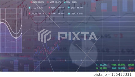 Displaying finance dashboard onscreen, with line, bar and pie charts, ticker arrows on grid overlay 135433331