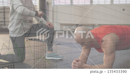 Performing forearm plank trainee holding position on gym mat, performance data overlay, copy space Performing forearm plank trainee holding position on gym mat, performance data overlay, copy space 135433390