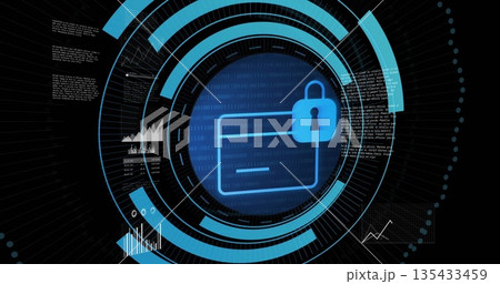 Showing blue circular interface glowing on digital HUD, with padlock icon and card outline theme Showing blue circular interface glowing on digital HUD, with padlock icon and card outline theme 135433459