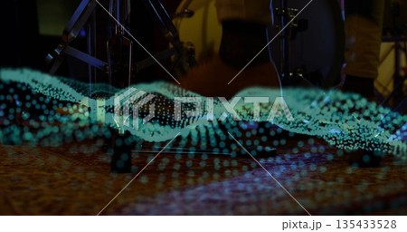 Displaying holographic wave rippling across rug in studio, cymbal tripod, bass pedal under shoes Displaying holographic wave rippling across rug in studio, cymbal tripod, bass pedal under shoes 135433528