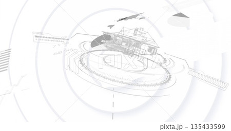 Displaying wireframe home model on digital display, showing gear-like rings and pie and bar charts Displaying wireframe home model on digital display, showing gear-like rings and pie and bar charts 135433599