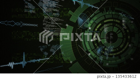 Displaying central green radial data interface rotating on virtual display, showing floating code Displaying central green radial data interface rotating on virtual display, showing floating code 135433612