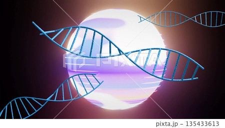 Floating turquoise DNA helix dominating virtual space, glowing banded orb creating scientific motif Floating turquoise DNA helix dominating virtual space, glowing banded orb creating scientific motif 135433613