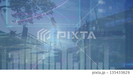 Displaying tower crane rising above scaffolding at construction site with financial chart overlays 135433629