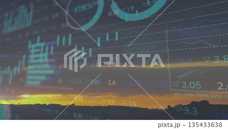 Blending transparent financial data overlay across horizon at sunset with candlestick charts 135433638
