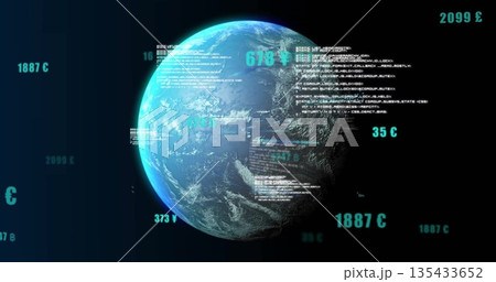 Displaying digital Earth globe rotating in 3D panel, with code and temperature currency overlays 135433652