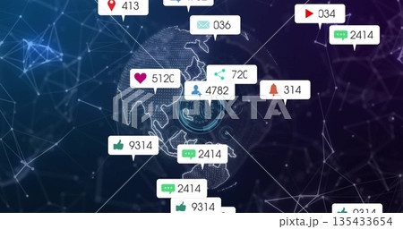 Floating 3D globe displaying nodes and lines in cyberspace, with fingerprint and notification icons Floating 3D globe displaying nodes and lines in cyberspace, with fingerprint and notification icons 135433654