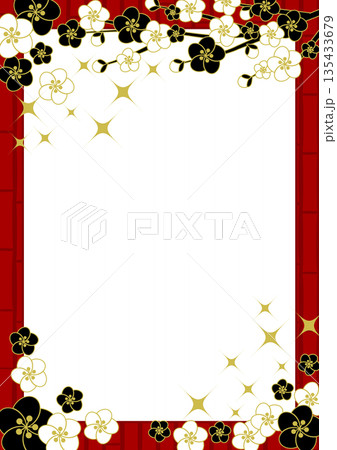 梅と竹垣、赤、フレームイラスト、かわいい、シンプル、縦 135433679