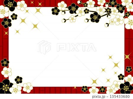 梅と竹垣、赤、フレームイラスト、かわいい、シンプル、横 135433680