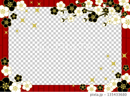 梅と竹垣、赤、フレームイラスト、かわいい、シンプル、横 135433680