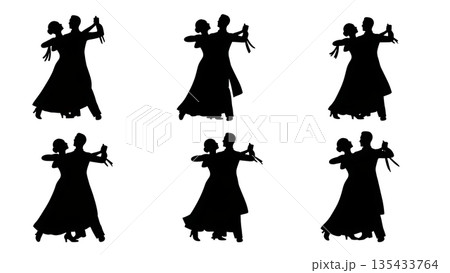 Black Solid Waltz Couple Silhouettes Set of Six on White Background Black Solid Waltz Couple Silhouettes Set of Six on White Background 135433764