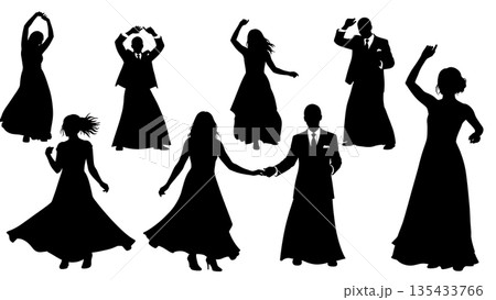 Black Solid Wedding Dance Silhouettes Set of Six on White Background 135433766